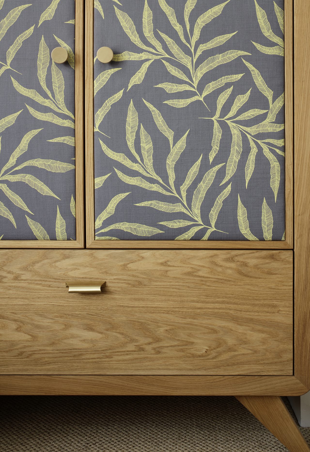 Oak, satin brass and fabric